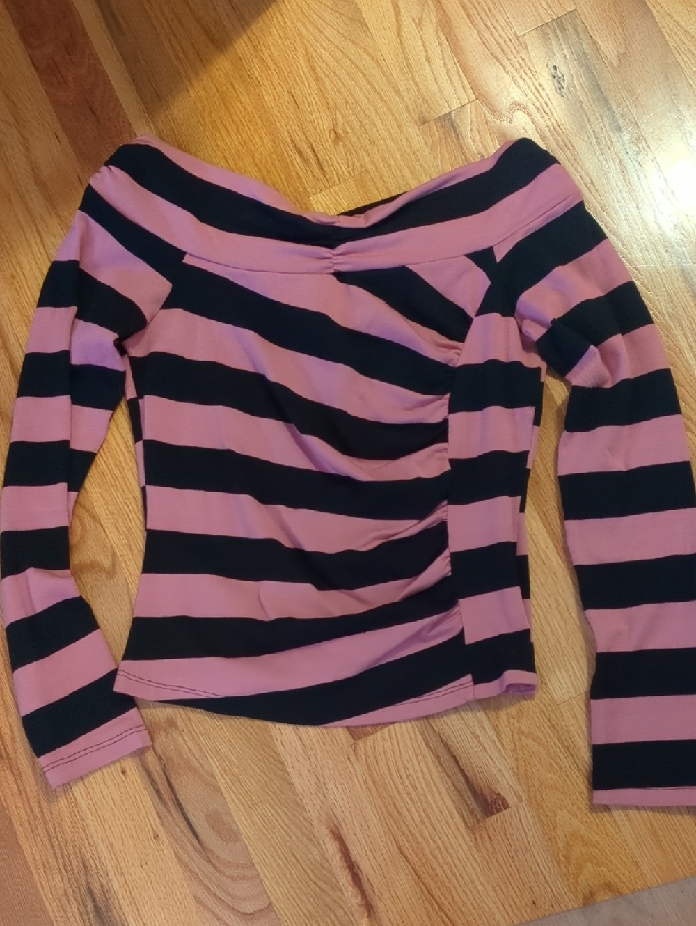 Pink and Black Ruched Off-Shoulder Top